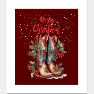 Merry Christmas, Christmas gifts and cowgirl boots, mistletoe branches, hawthorn and pine branches with pine cones Posters and Art